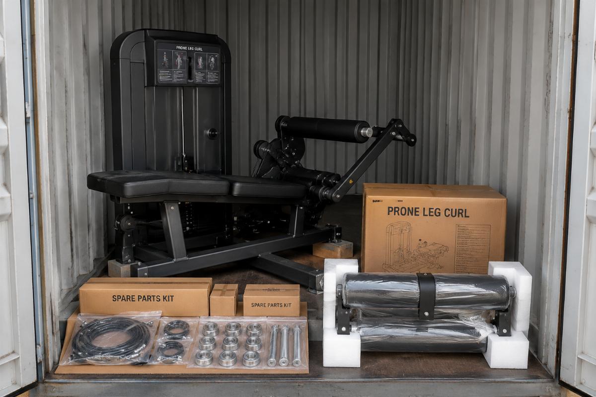 Spare parts kit including cables, bearings, and adjustment pins packed alongside a prone leg curl machine in a shipping container
