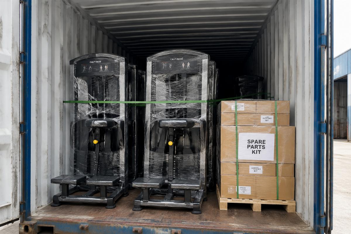 Spare parts kit packaged alongside calf raise machines in a container