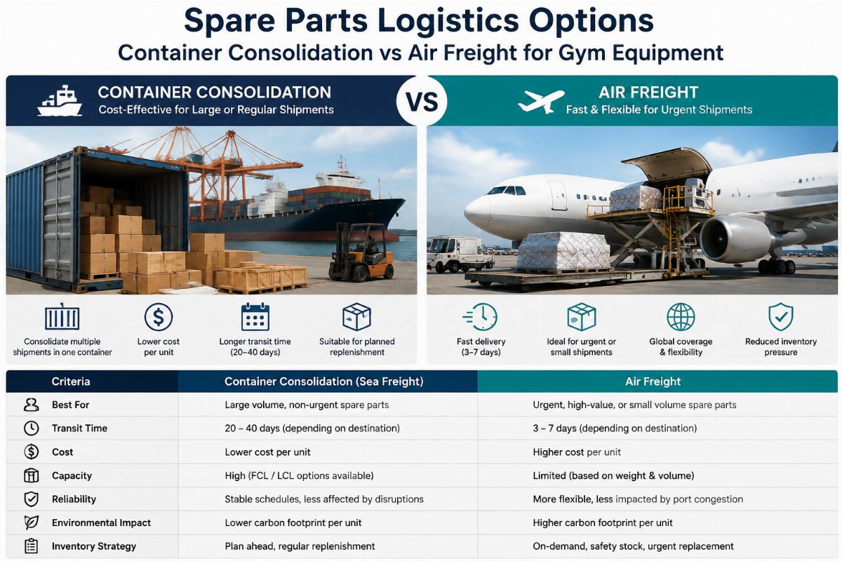 Spare parts logistics options showing container consolidation versus air freight for gym equipment