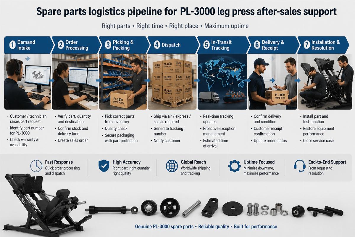 Spare parts logistics pipeline for PL-3000 leg press after-sales support