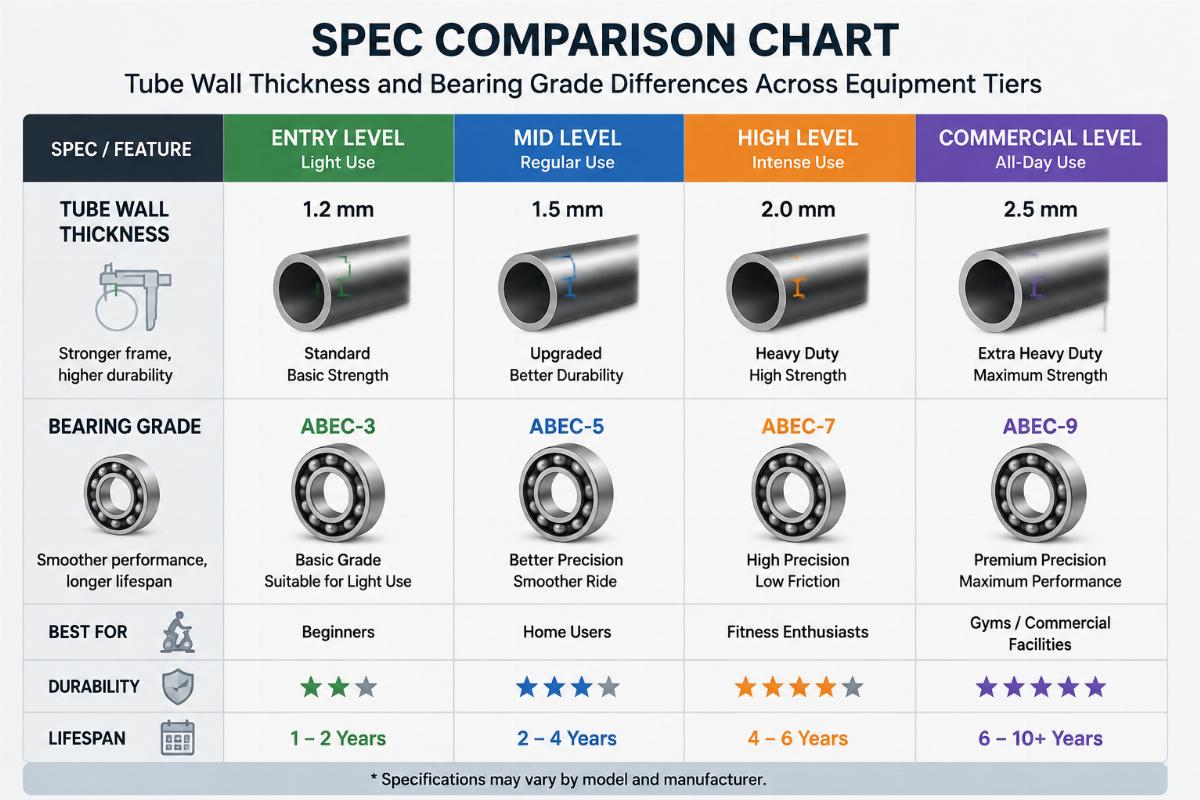 Spec comparison chart showing tube wall thickness and bearing grade differences across equipment tiers