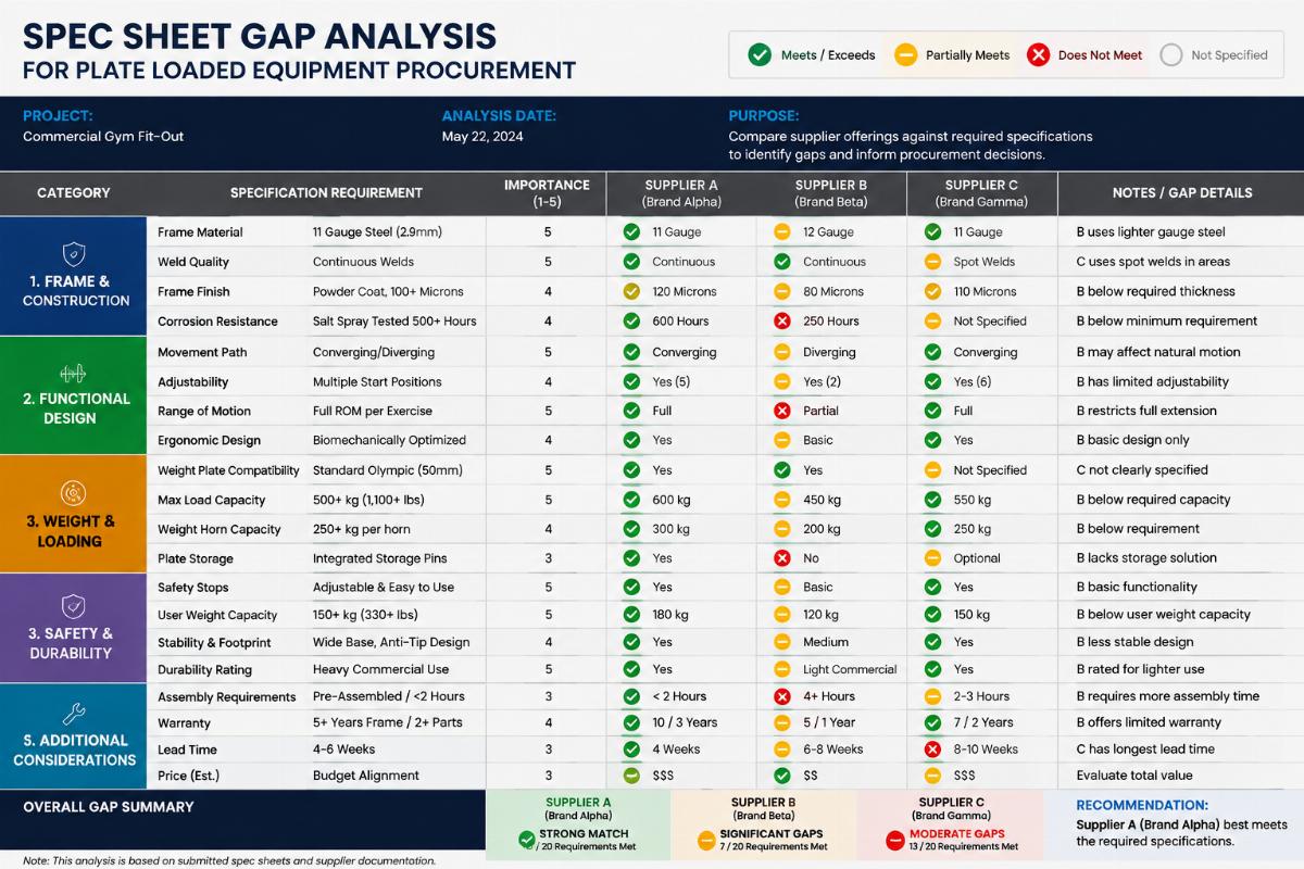 Spec sheet gap analysis for plate loaded equipment procurement