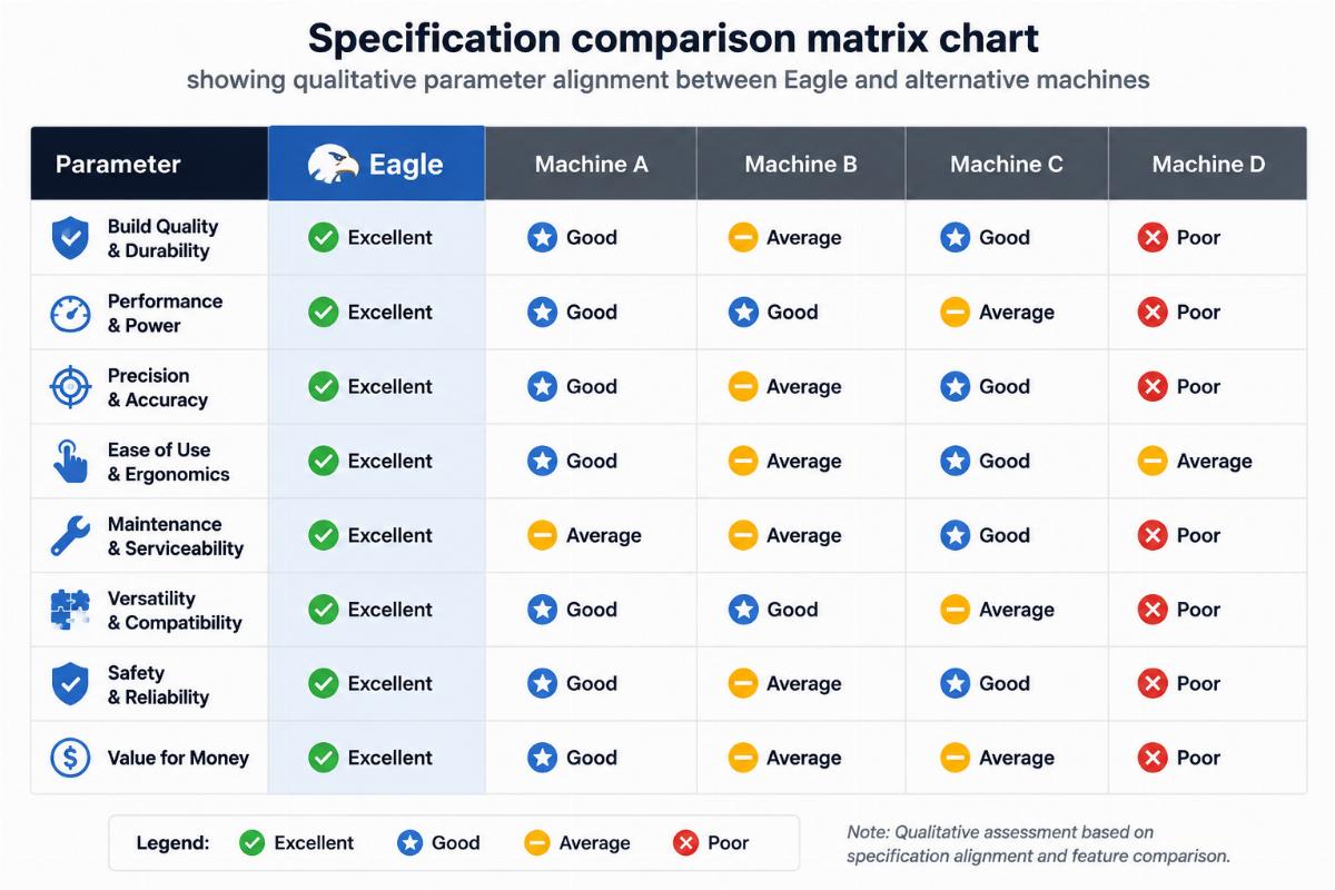 Specification comparison matrix chart showing qualitative parameter alignment between Eagle and alternative machines