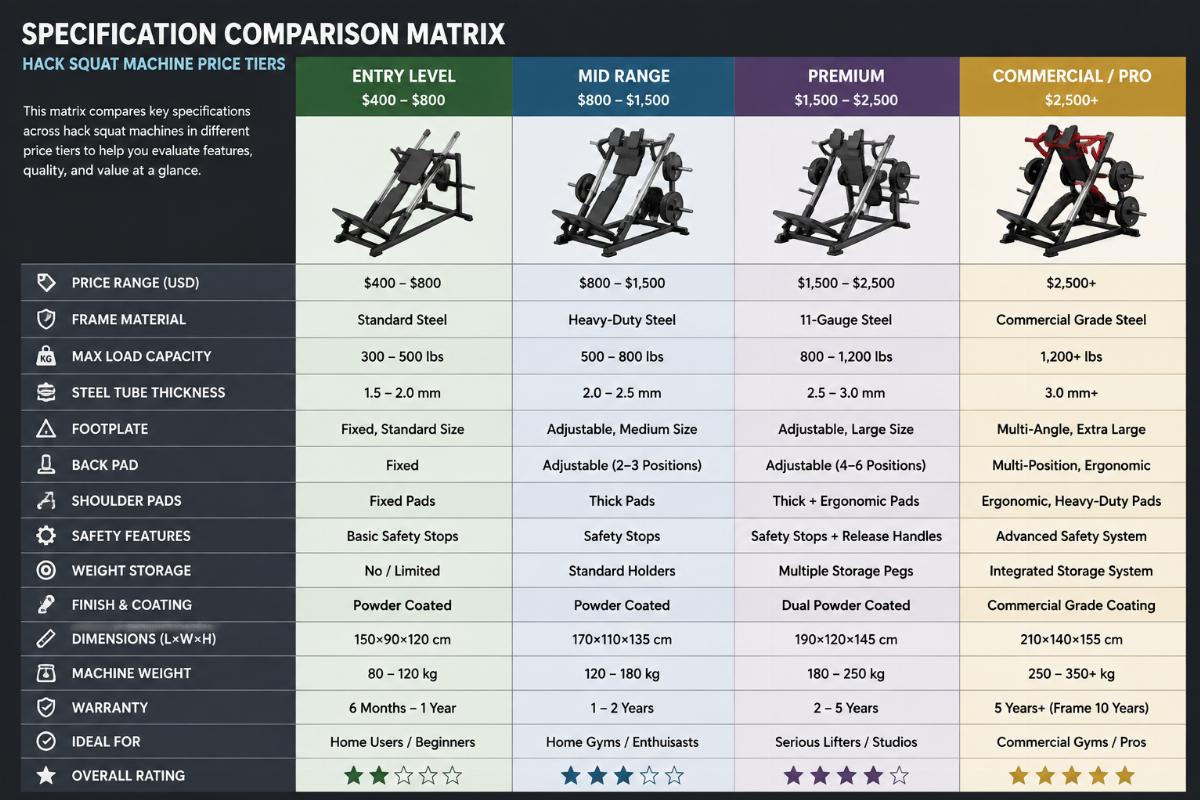 Specification comparison matrix for hack squat machine price tiers