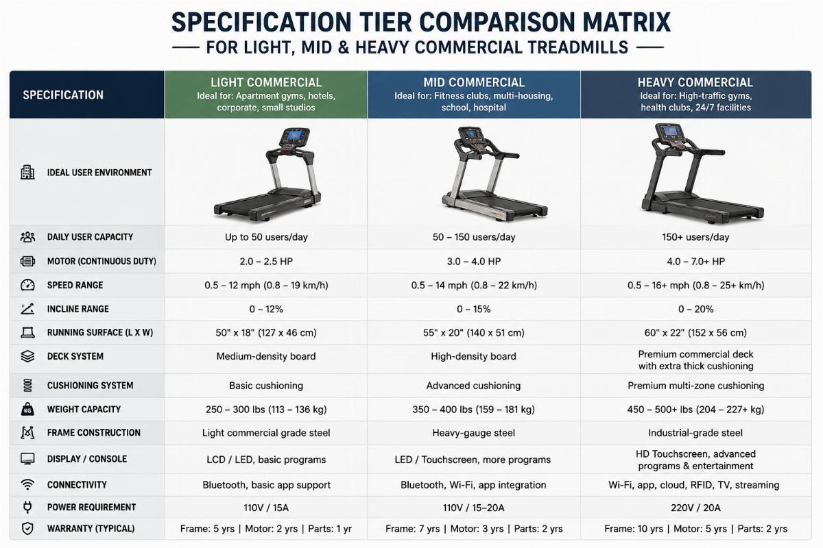 Specification tier comparison matrix for light mid and heavy commercial treadmills