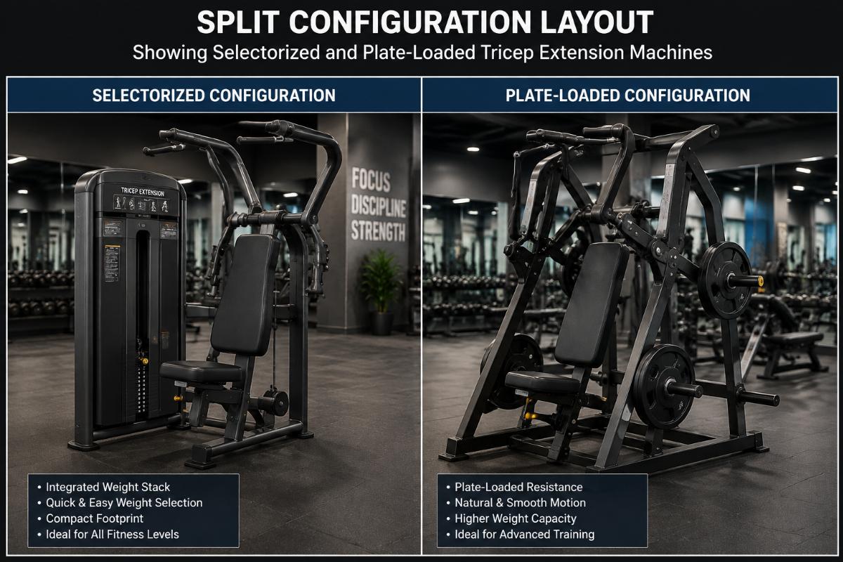 Split configuration layout showing selectorized and plate-loaded tricep extension machines in a professional sports facility