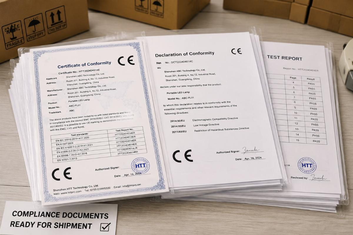 Stack of compliance documents including CE certificate, Declaration of Conformity, and test reports ready for shipment