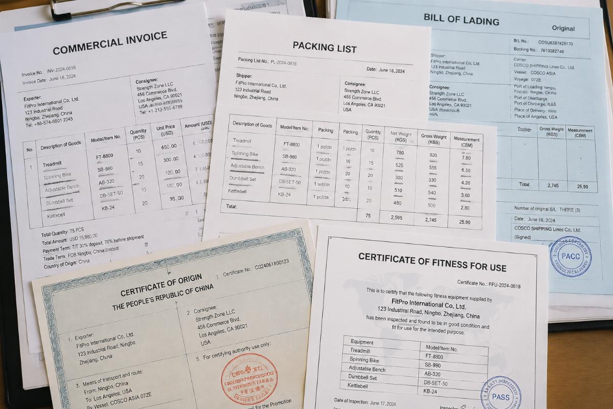 Stack of customs documentation including invoices packing lists and certificates for fitness equipment shipment