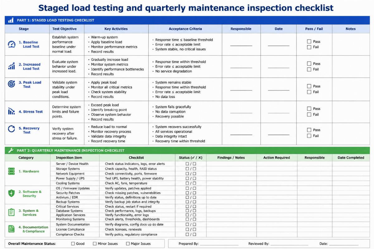 Staged load testing and quarterly maintenance inspection checklist