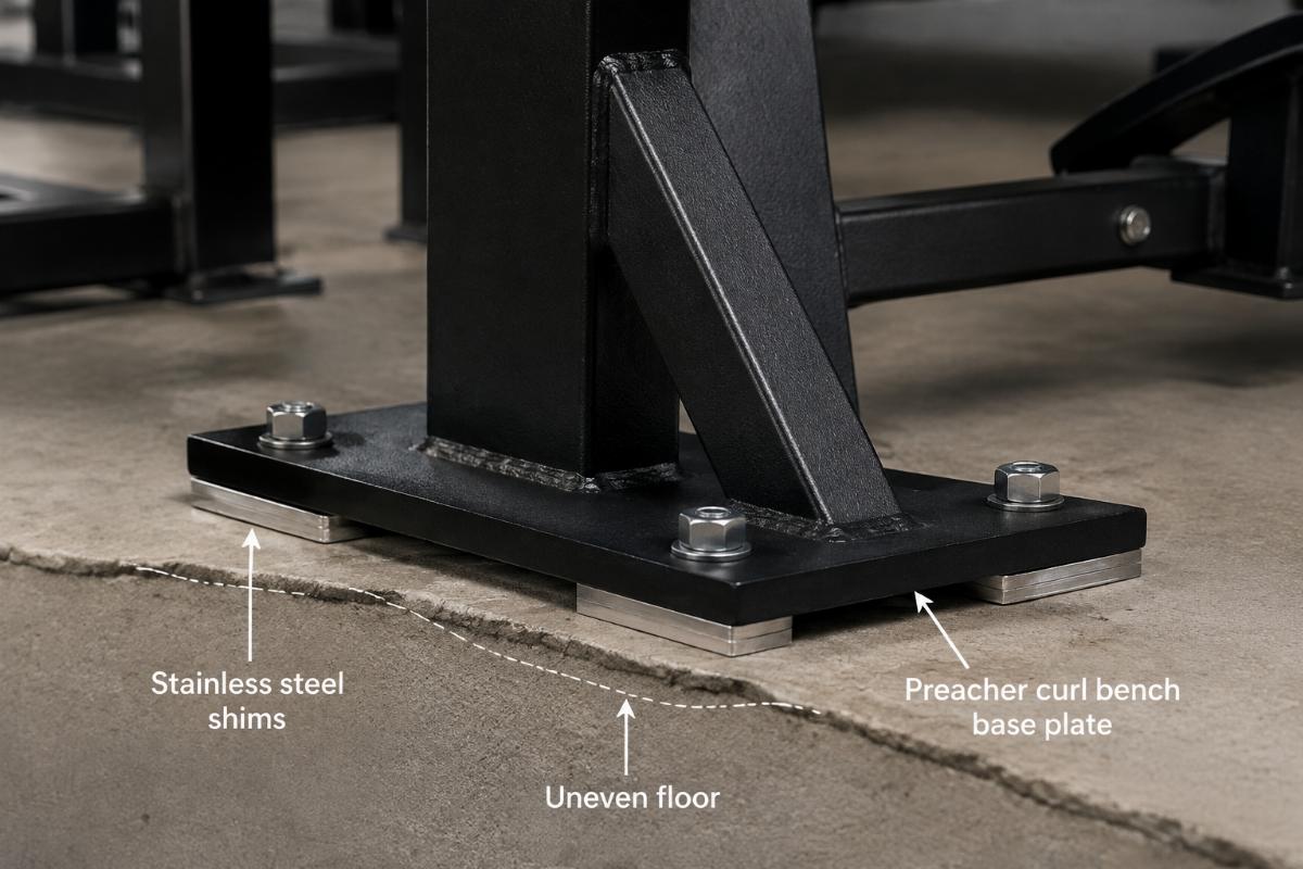 Stainless steel shims under preacher curl bench base plate on uneven floor