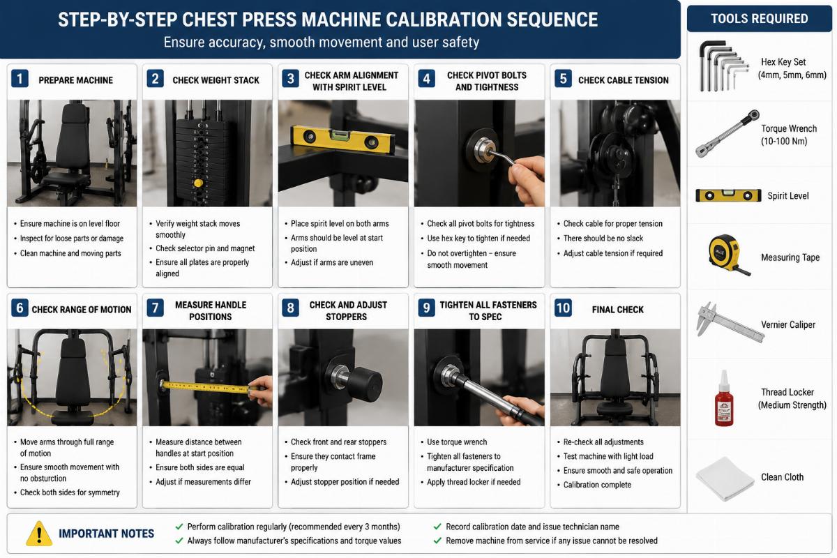 Step-by-step chest press machine calibration sequence with tools