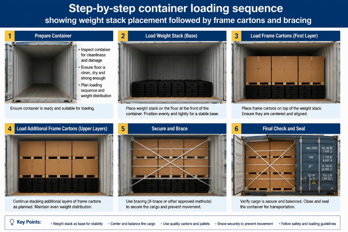 Step-by-step container loading sequence showing weight stack placement followed by frame cartons and bracing