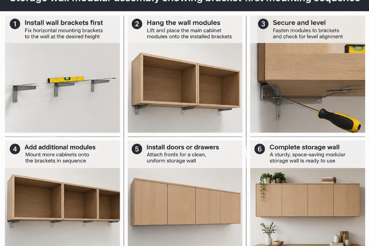 Storage wall modular assembly showing bracket-first mounting sequence