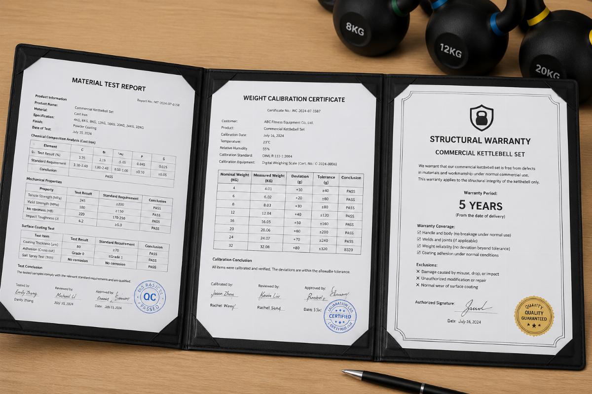 Supplier documentation folder showing material test report weight calibration certificate and structural warranty for commercial kettlebell set