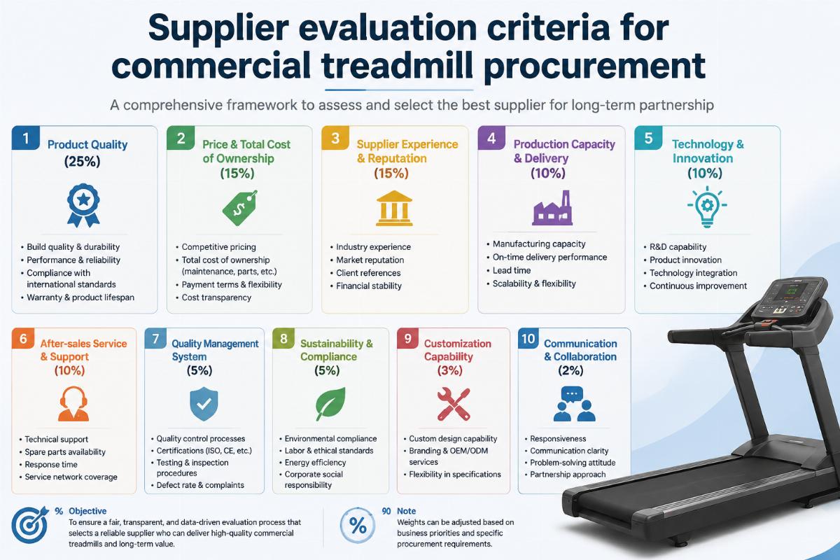 Supplier evaluation criteria for commercial treadmill procurement