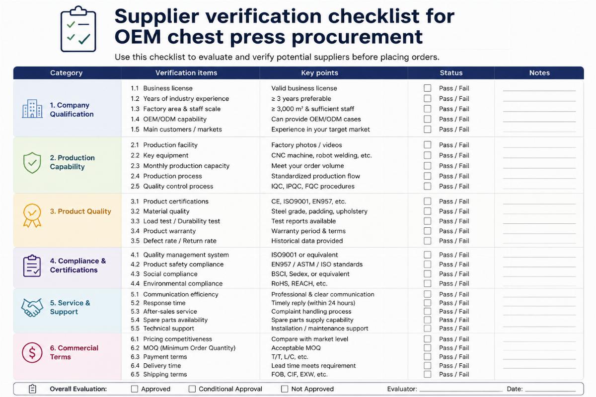 Supplier verification checklist for OEM chest press procurement