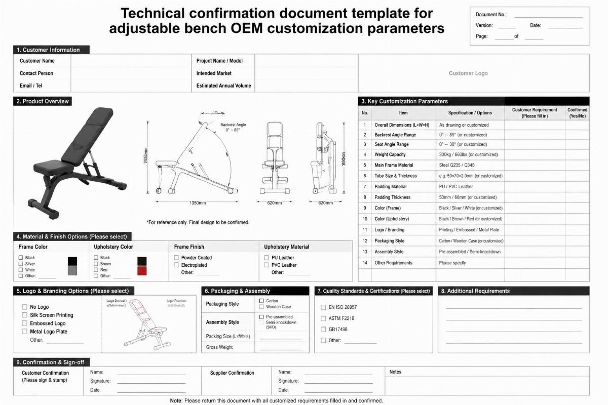 Technical confirmation document template for adjustable bench OEM customization parameters