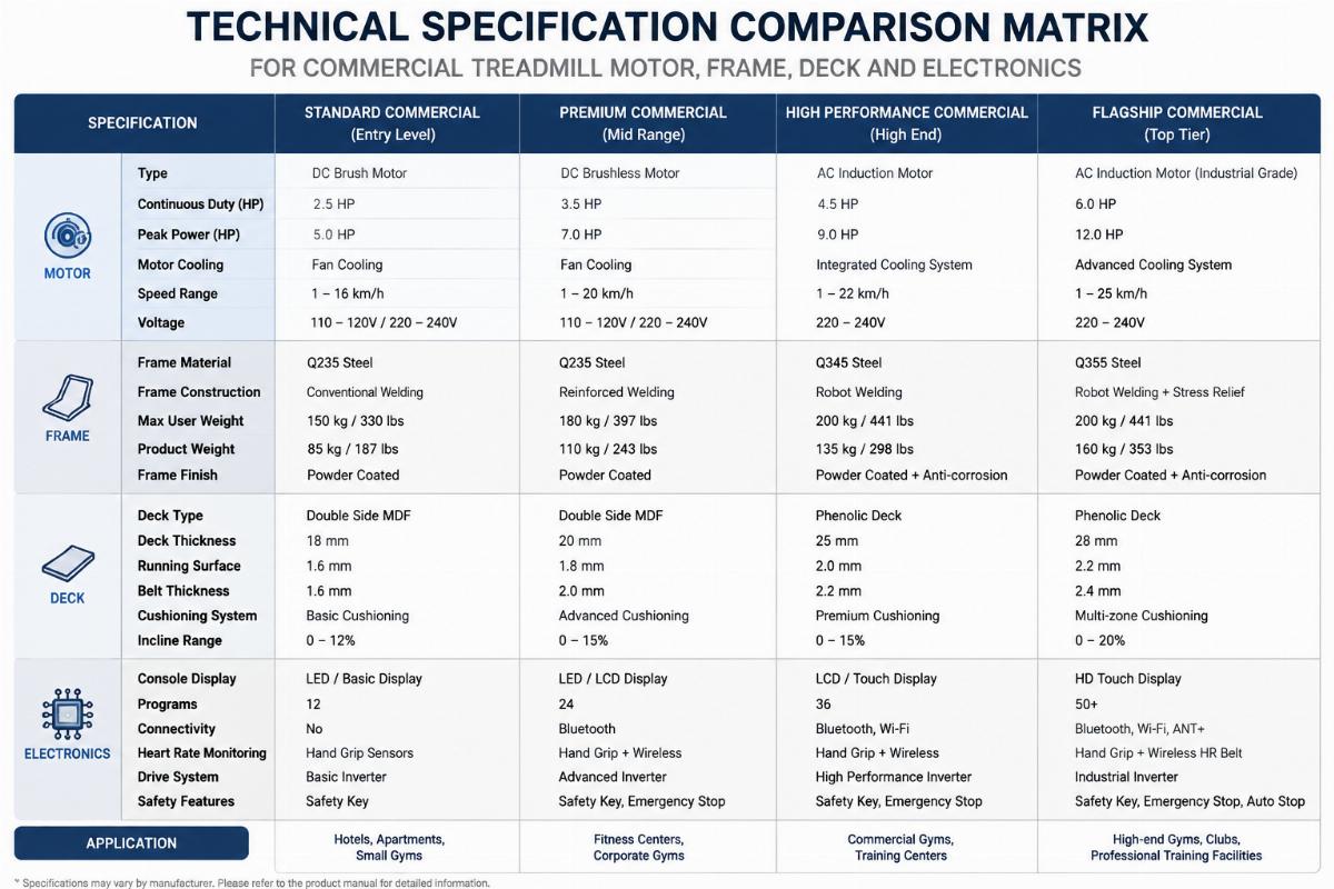 Technical specification comparison matrix for commercial treadmill motor frame deck and electronics