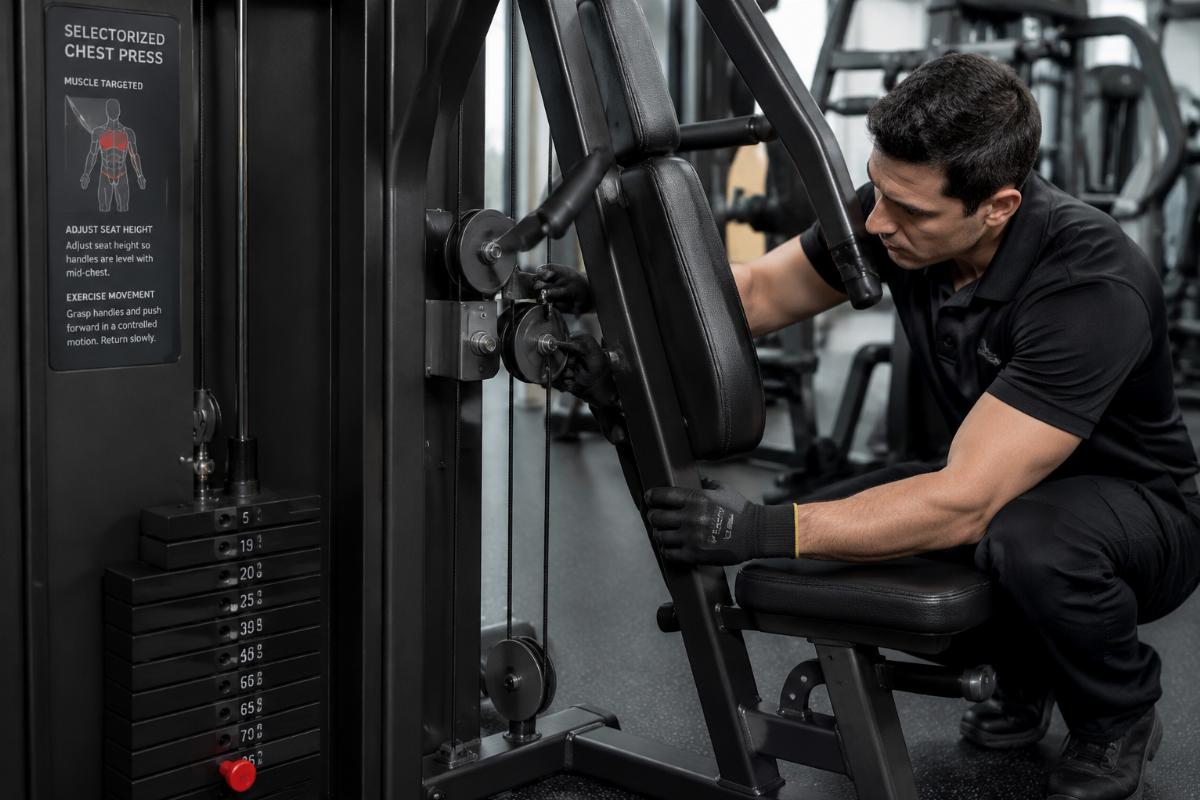 Technician adjusting pulley alignment on a selectorized chest press with cable tracking visible