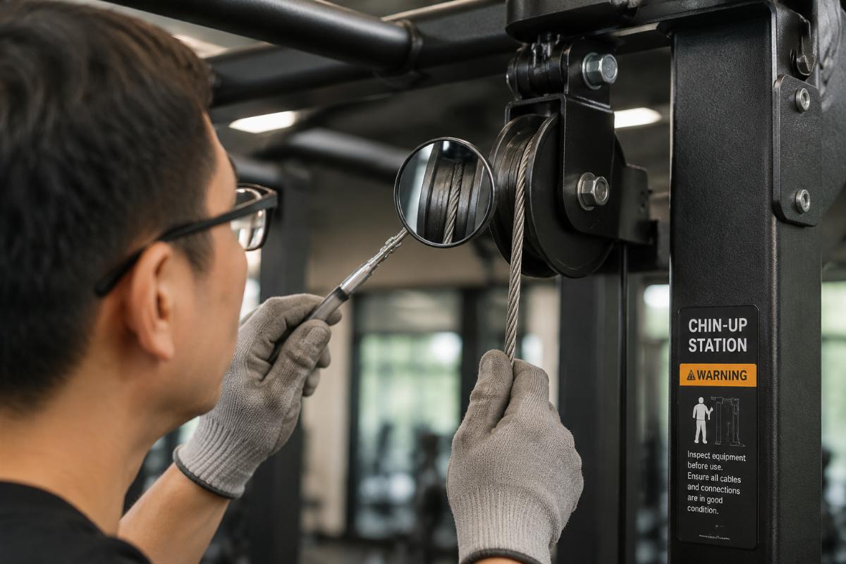 Technician inspecting wire rope groove wear on a chin-up station pulley with a mirror