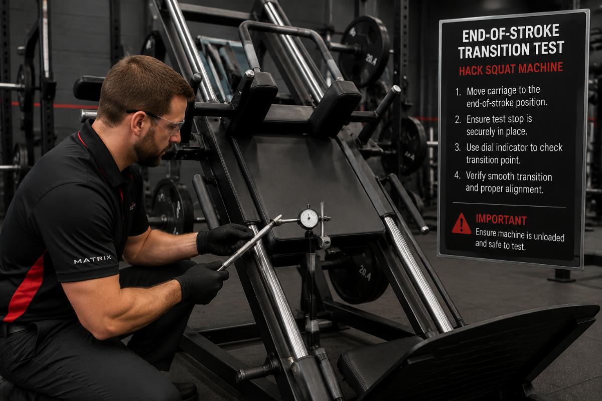 Technician performing end-of-stroke transition test on a hack squat machine carriage