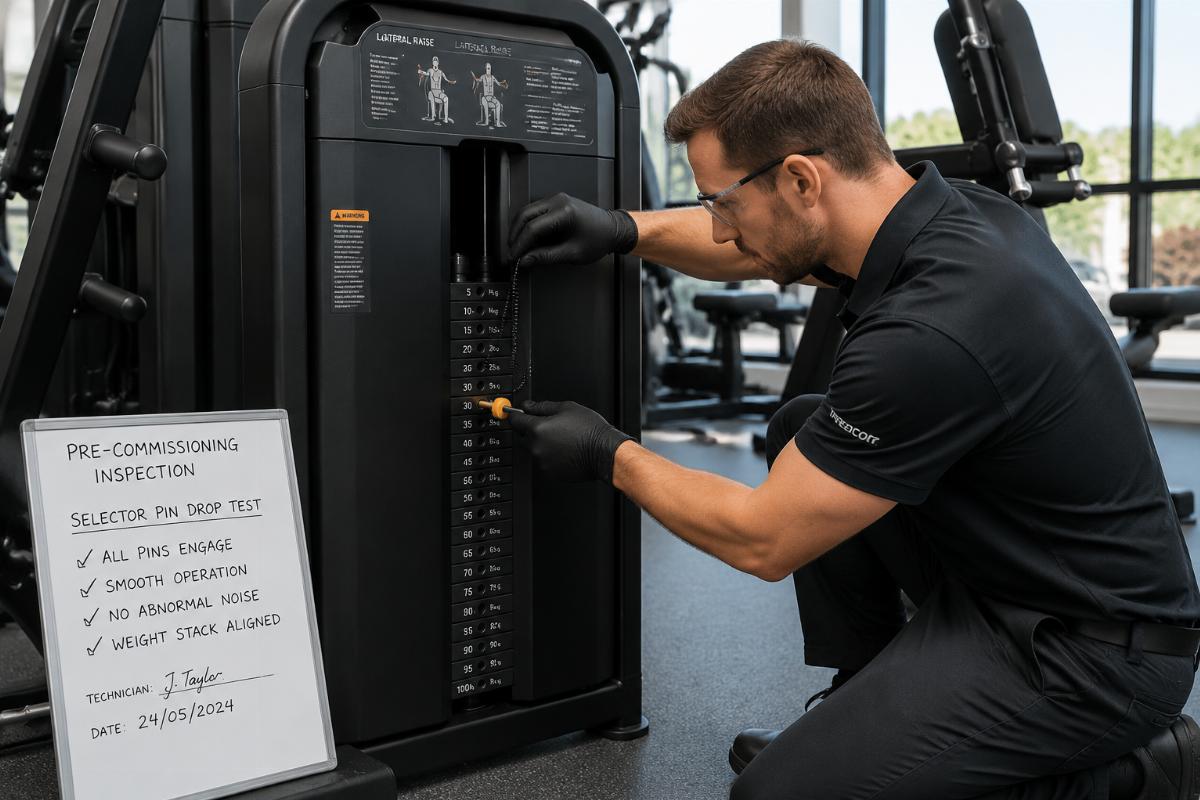 Technician performing selector pin drop test on a lateral raise machine weight stack during pre-commissioning inspection