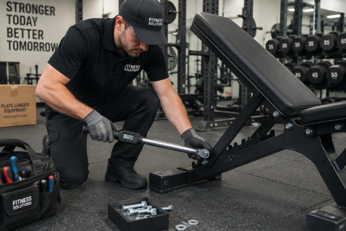 Technician using a calibrated torque wrench to tighten structural bolts on an adjustable bench frame during commercial gym installation