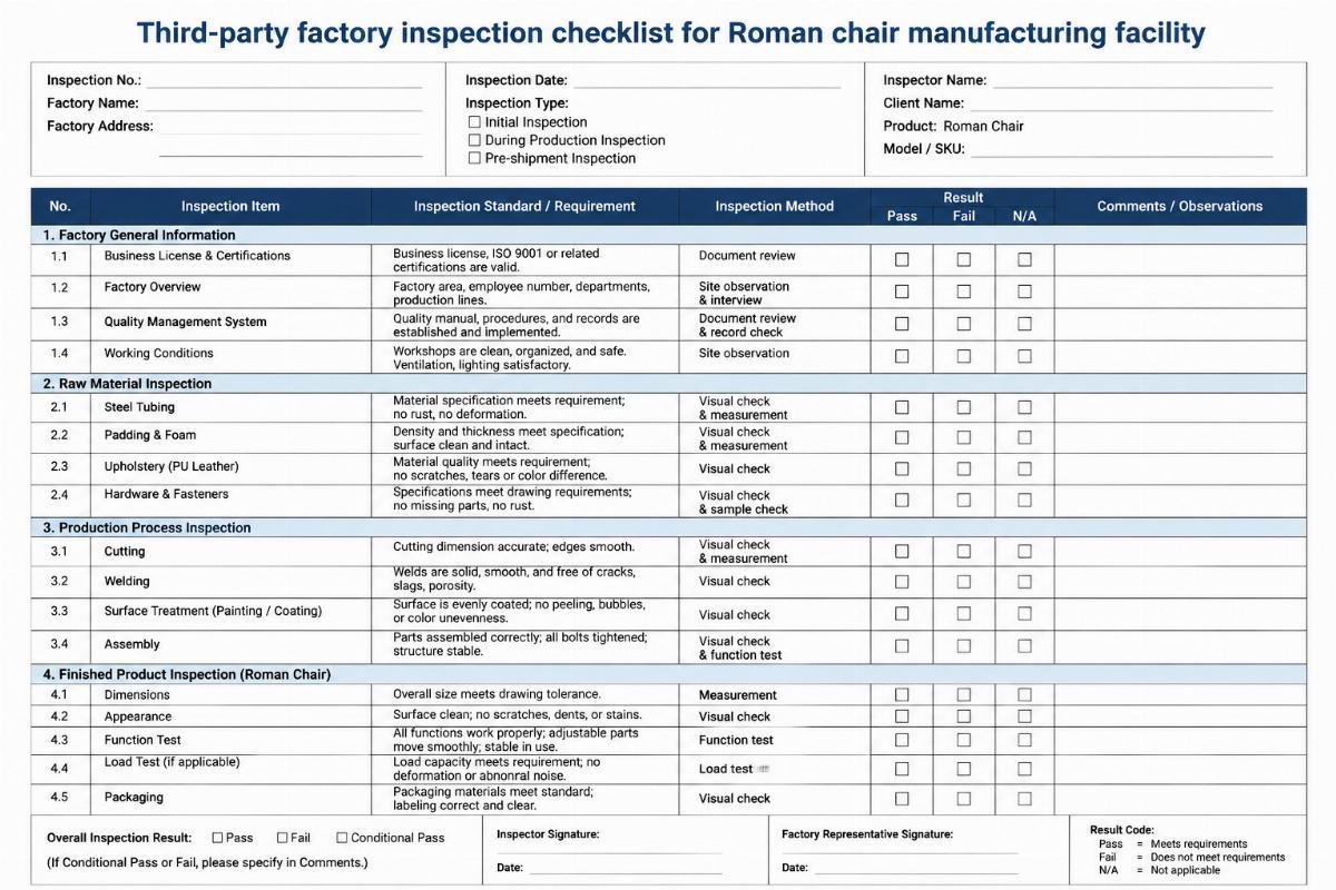 Third-party factory inspection checklist for Roman chair manufacturing facility