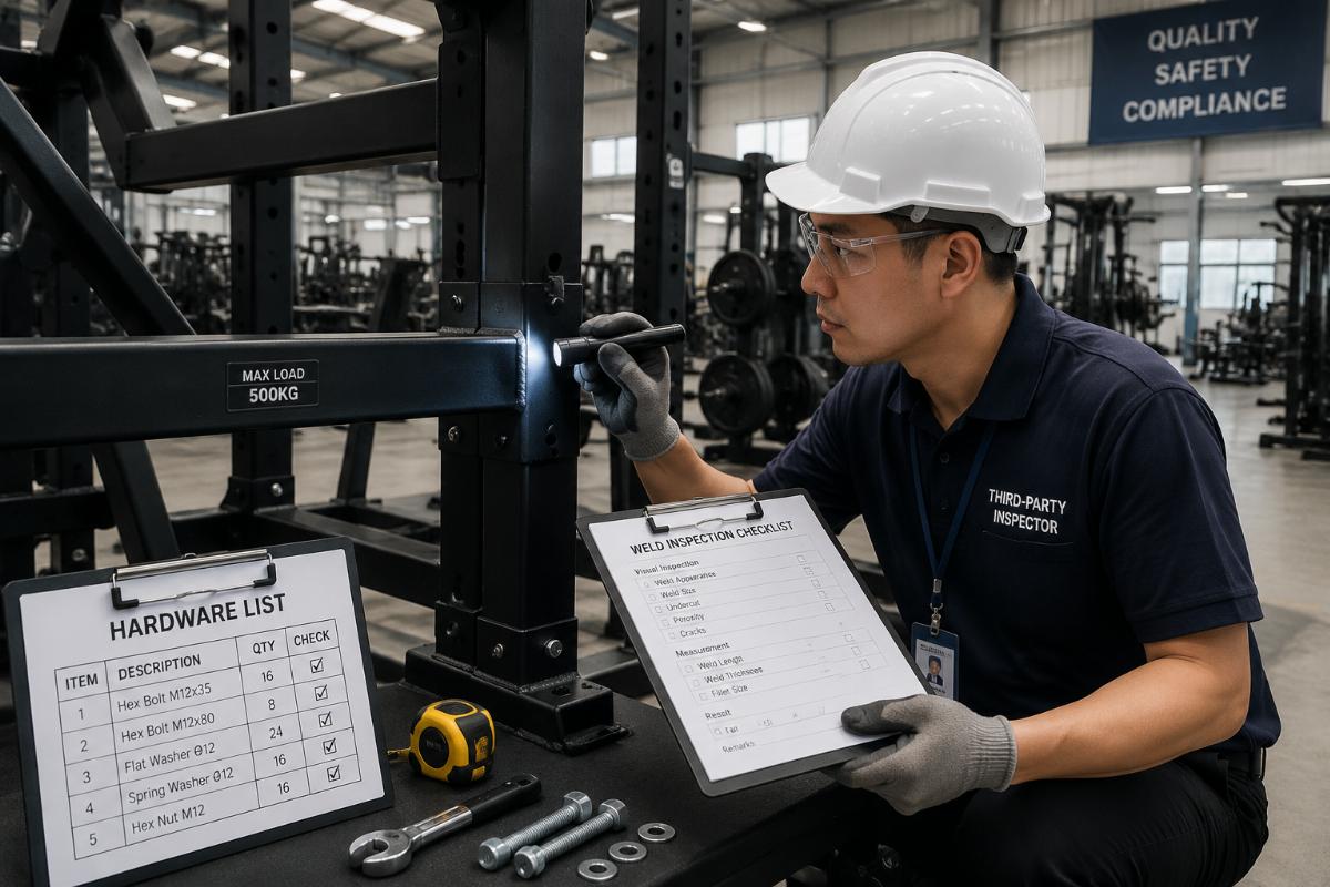 Third-party inspector checking weld quality and hardware list on commercial gym equipment