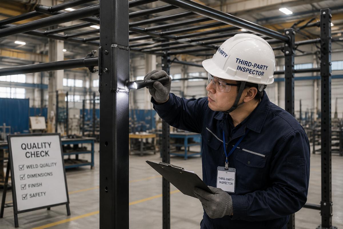 Third-party inspector checking weld quality on a monkey bar rig at the factory floor