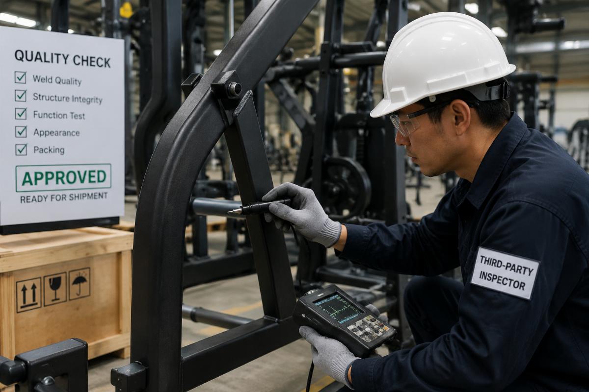 Third-party inspector checking weld quality on commercial strength equipment before shipment