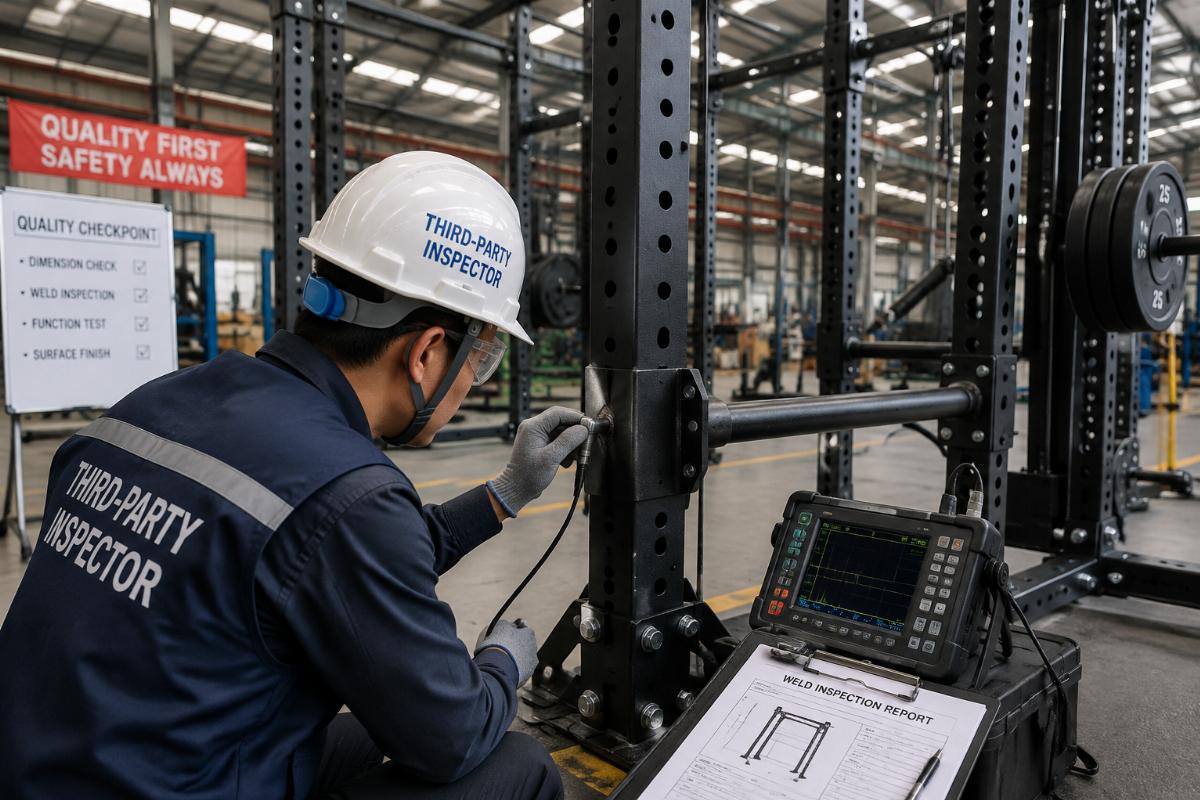 Third-party inspector checking weld quality on functional training rig at factory