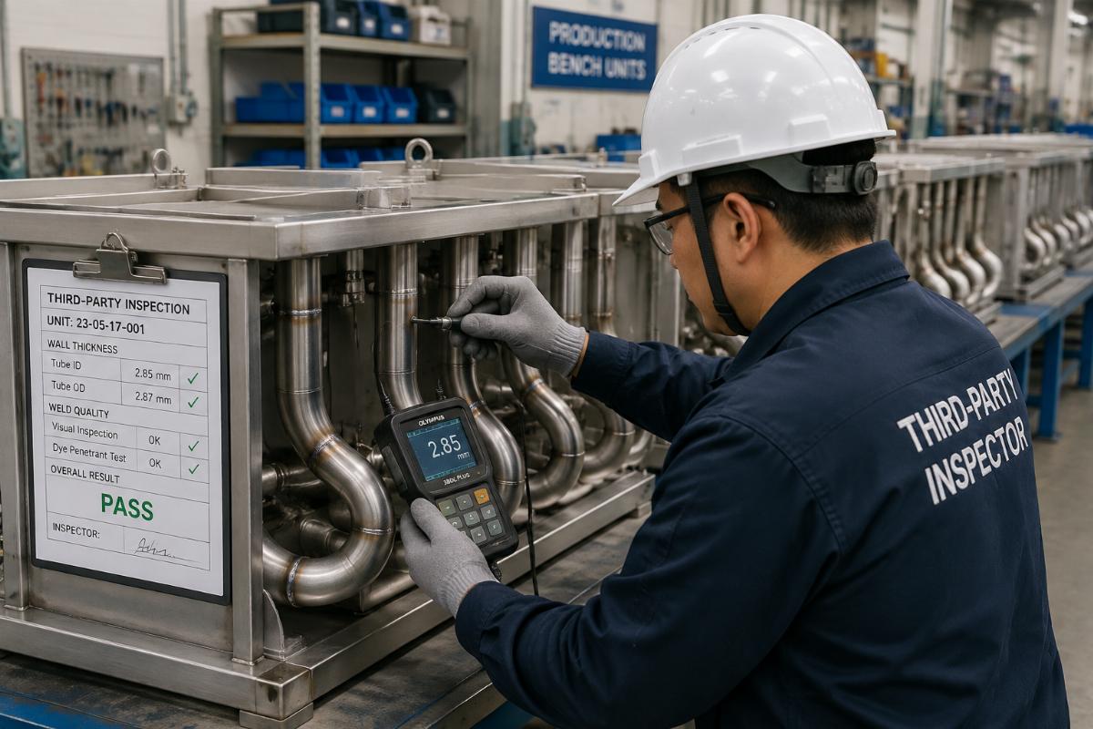 Third-party inspector verifying tube wall thickness and weld quality on production bench units
