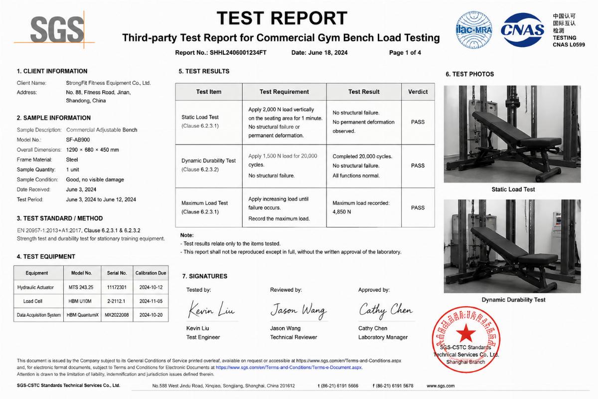 Third-party test report document for commercial gym bench load testing