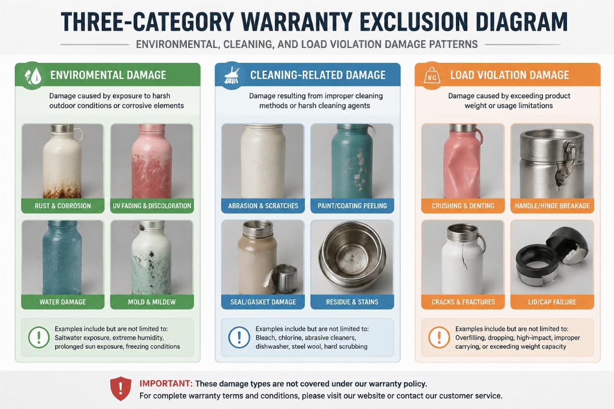 Three-category warranty exclusion diagram showing environmental, cleaning, and load violation damage patterns