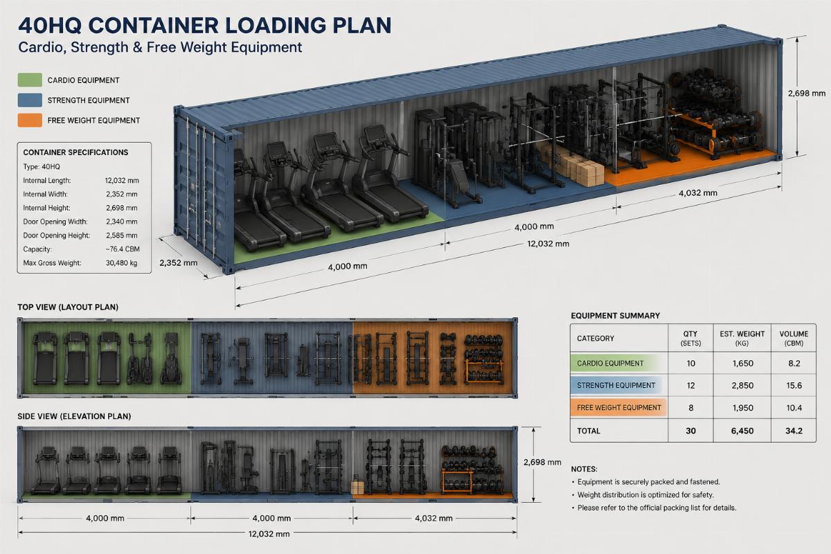 Three-dimensional container loading plan showing placement of cardio, strength, and free weight equipment in a 40HQ