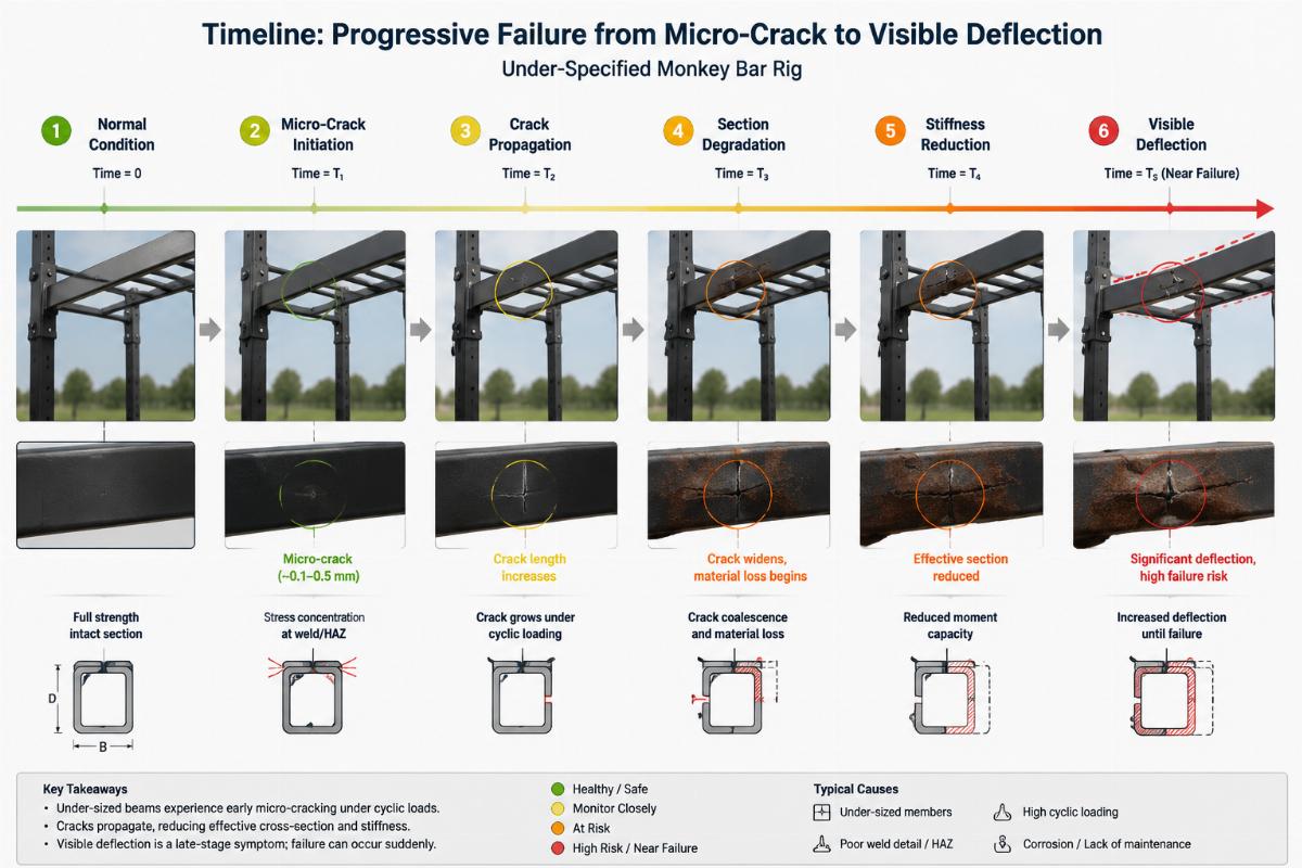 Timeline illustration showing the progressive failure sequence from micro-crack initiation to visible beam deflection in an under-specified monkey bar rig