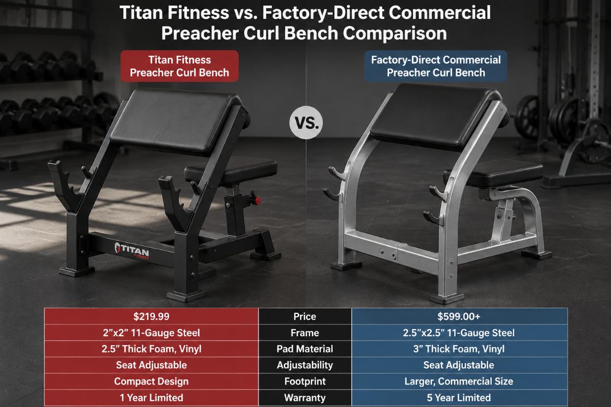 Titan Fitness preacher curl bench compared side by side with a factory-direct commercial preacher curl bench on a gym floor