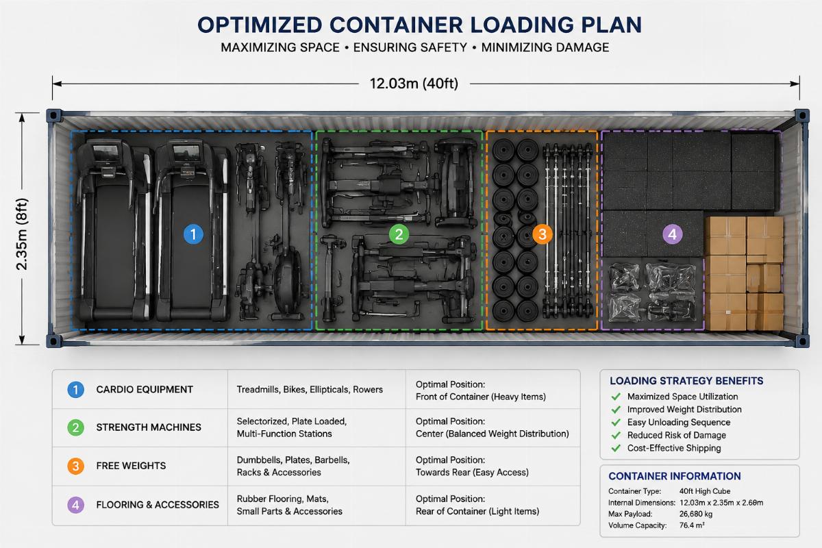 Top-down diagram showing optimized container loading plan with cardio, strength machines, free weights, and flooring arranged for maximum efficiency