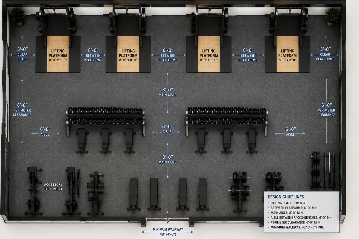 Top-down floor plan showing calculated platform spacing, aisle widths, and rack placement in a free weights zone