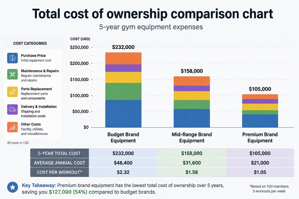 Total cost of ownership comparison chart showing 5-year gym equipment expenses