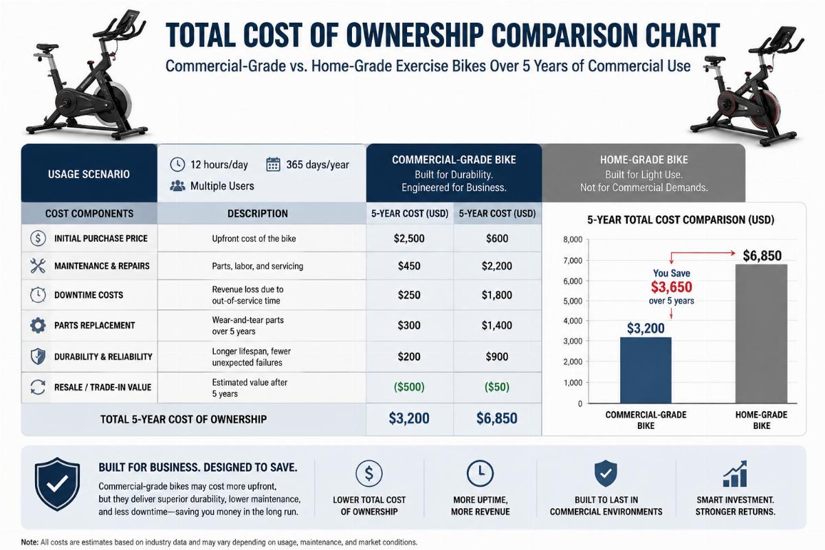 Total cost of ownership comparison chart showing commercial-grade versus home-grade exercise bikes over five years of commercial use