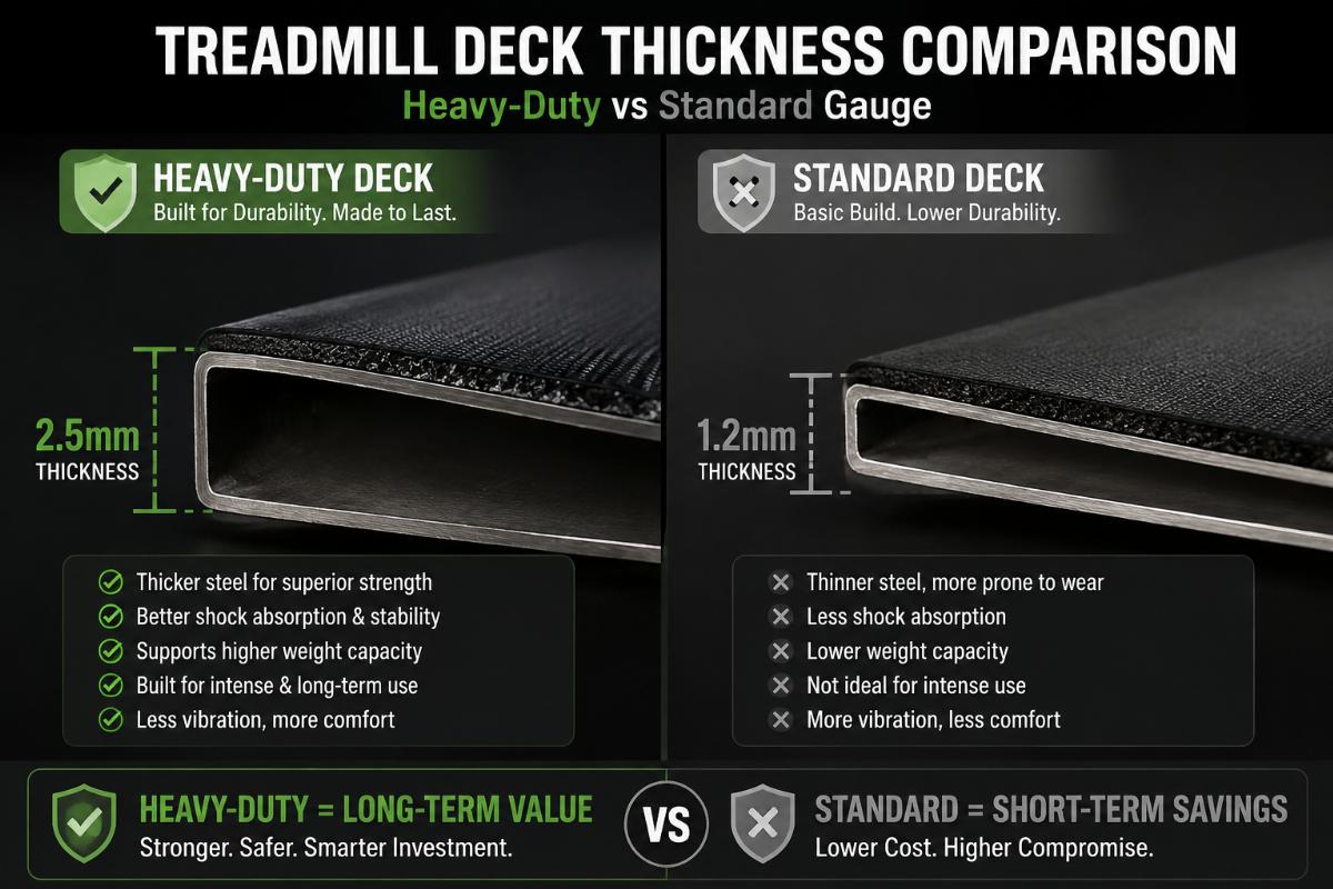 Treadmill deck thickness comparison showing heavy-duty versus standard gauge