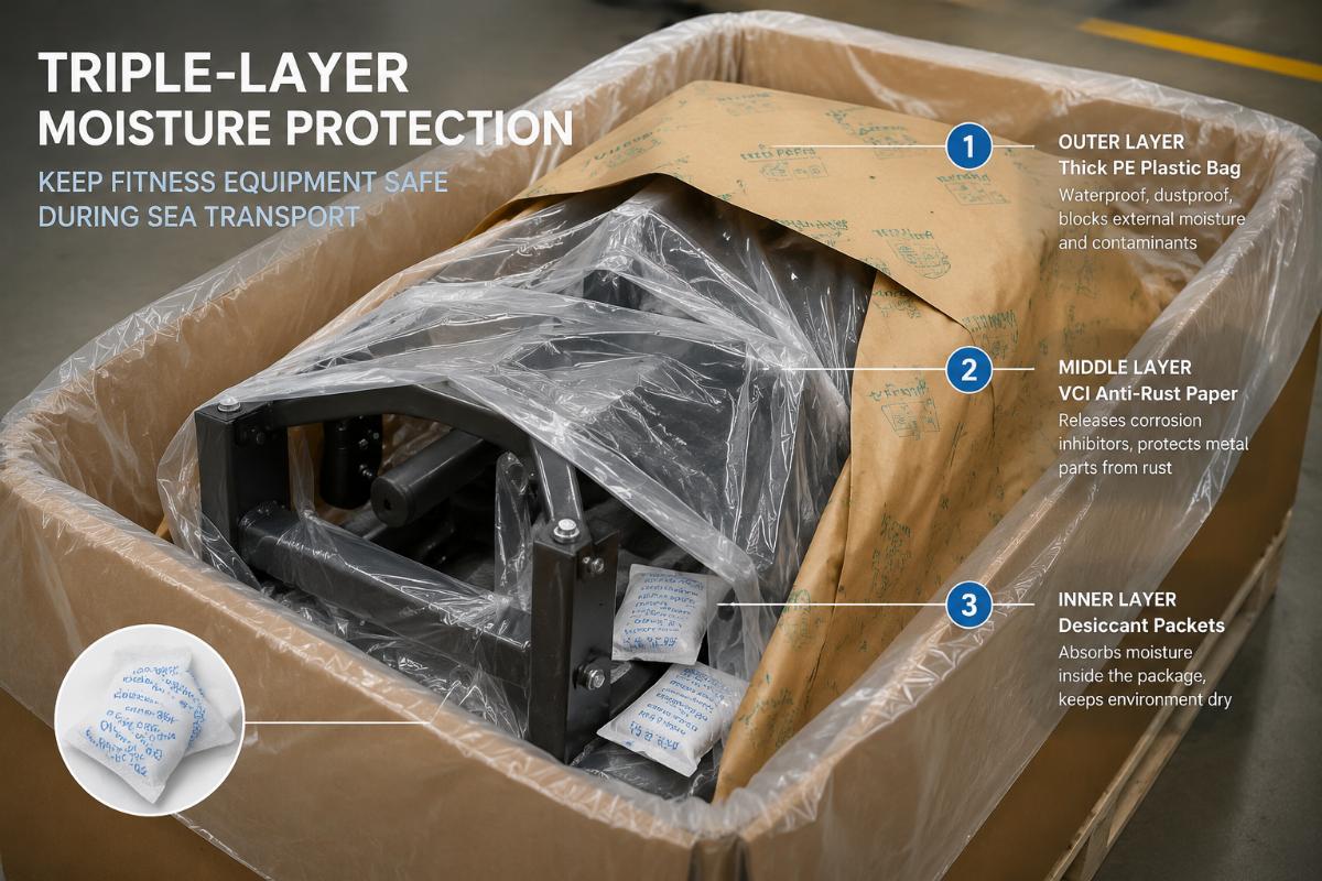 Triple-layer moisture protection packaging for fitness equipment showing VCI paper and desiccant