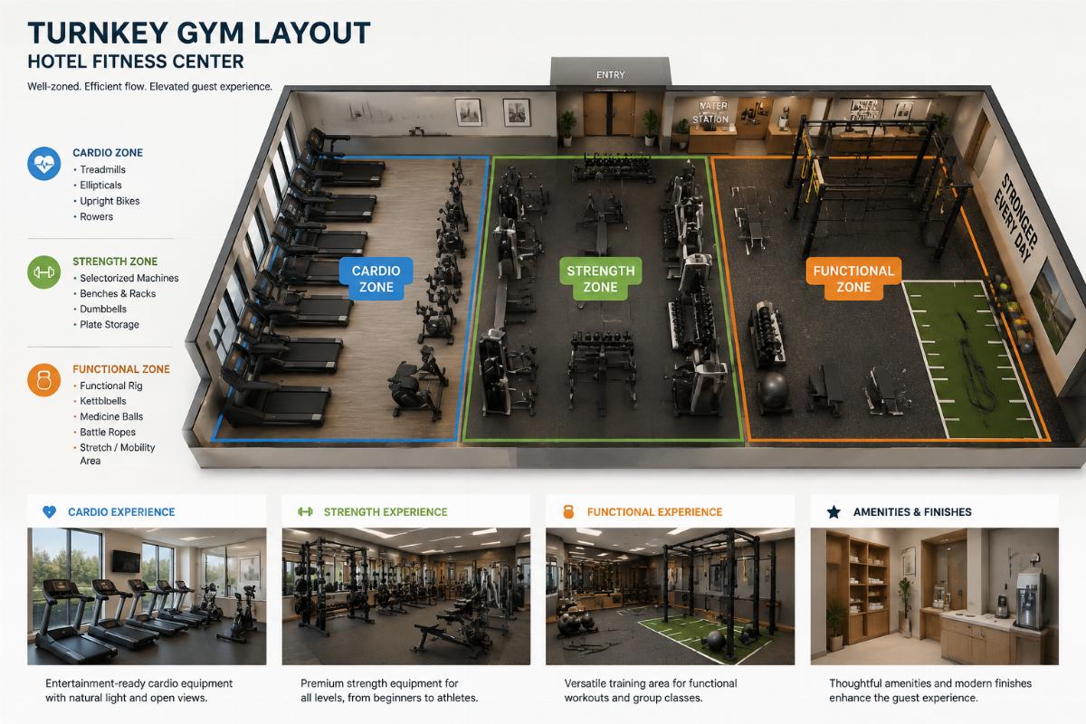 Turnkey gym layout showing cardio, strength, and functional zones in a hotel fitness center