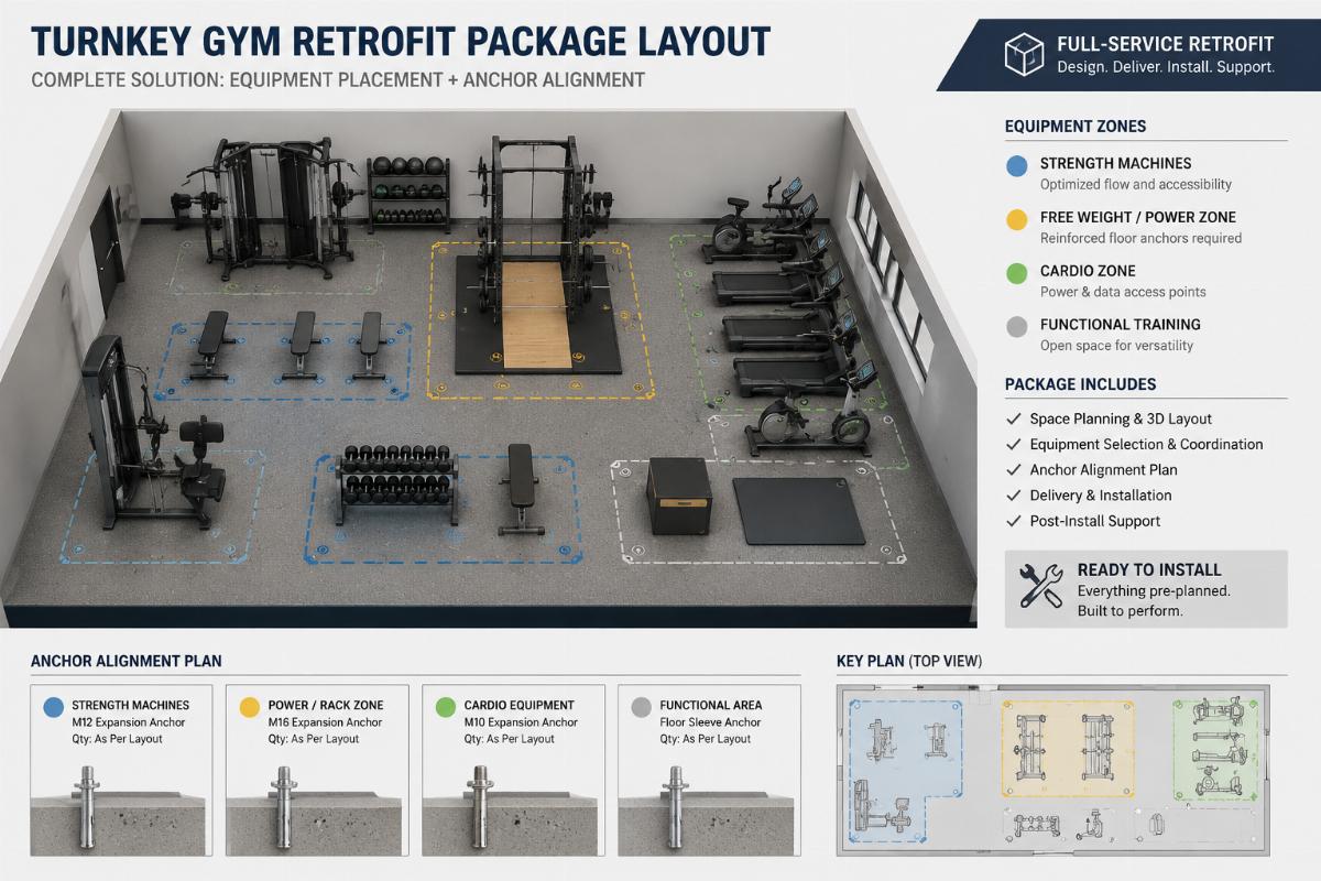 Turnkey gym retrofit package layout showing coordinated equipment placement and anchor alignment