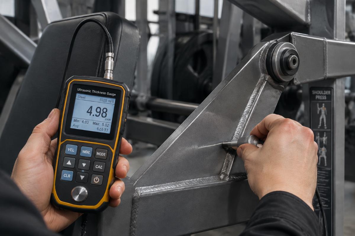 Ultrasonic thickness gauge measuring wall thickness at the pivot gusset of a shoulder press machine frame