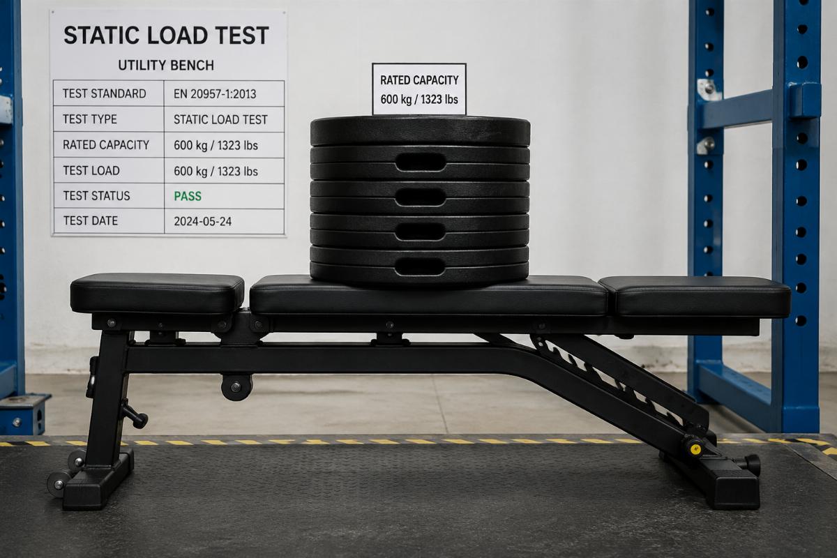 Utility bench undergoing static load test with calibrated weight plates at rated capacity