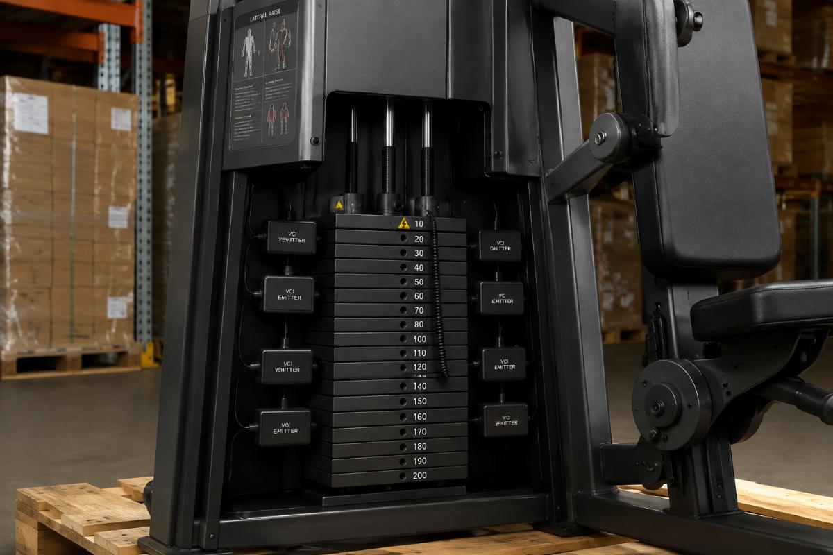 VCI emitters placed inside the weight stack housing of a lateral raise machine during warehouse storage