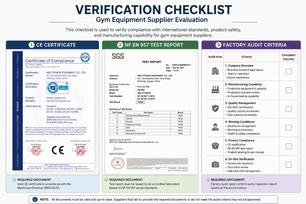 Verification checklist document showing CE certificate, NF EN 957 test report, and factory audit criteria for gym equipment supplier evaluation